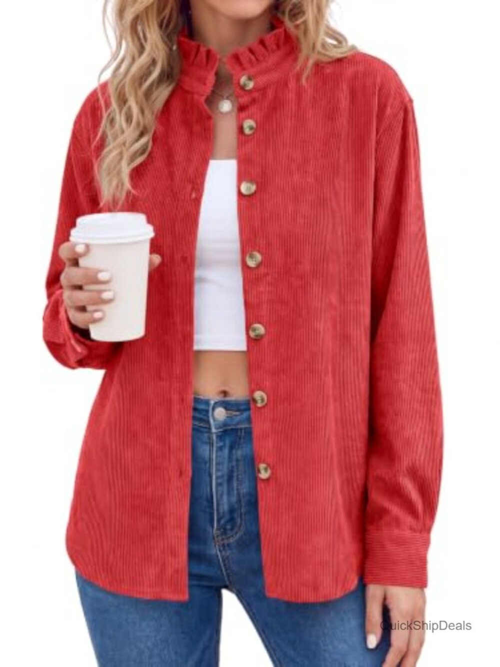 Womens Corduroy Button Down Shirt Long Sleeve Ruffle Collar Top